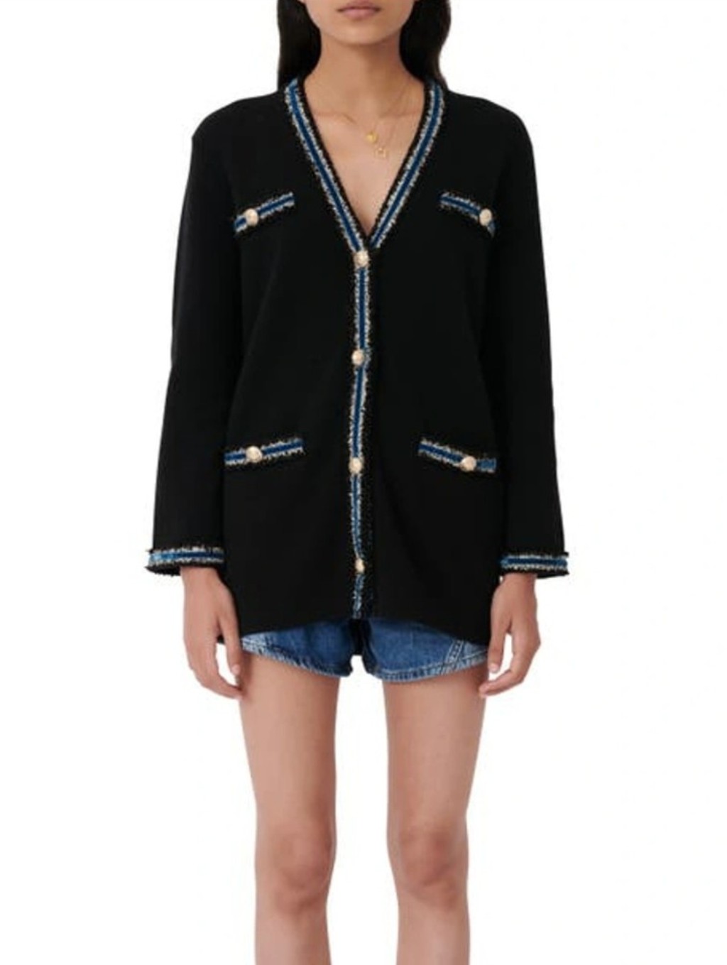 Maje Myster Striped Metallic Trimmed Kinit Cardigan In Black
